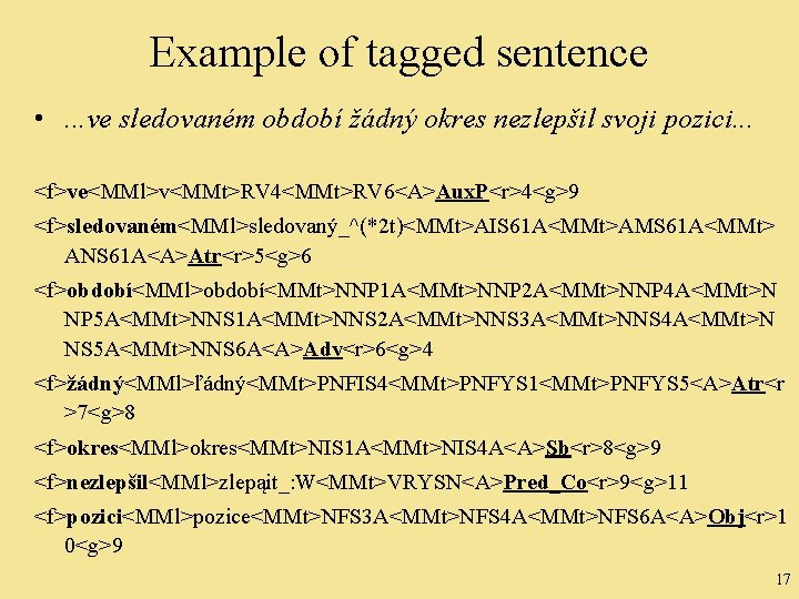 Example of tagged sentence • . . . ve sledovaném období žádný okres nezlepšil