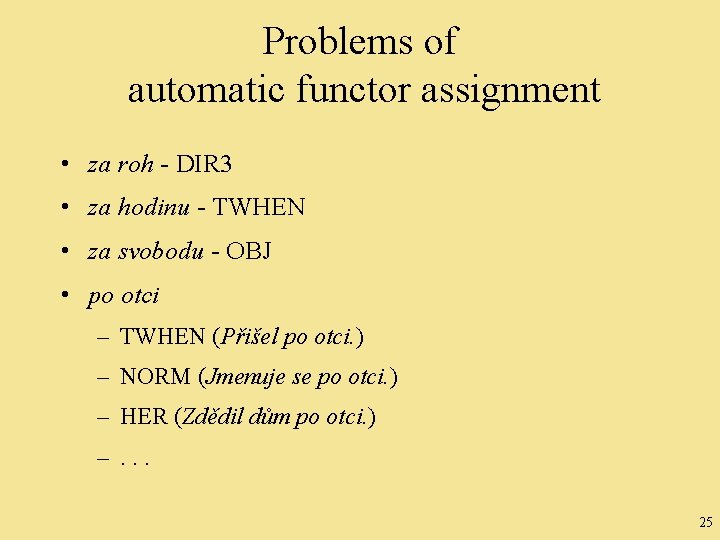 Problems of automatic functor assignment • za roh - DIR 3 • za hodinu