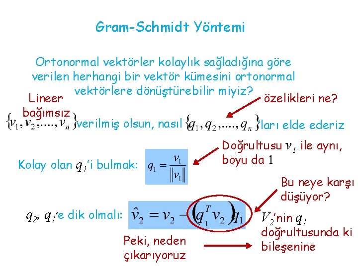 Gram-Schmidt Yöntemi Ortonormal vektörler kolaylık sağladığına göre verilen herhangi bir vektör kümesini ortonormal vektörlere