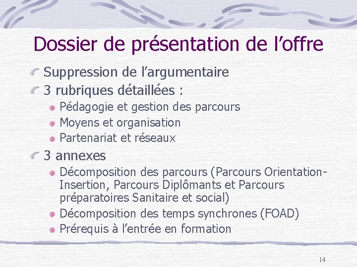 Dossier de présentation de l’offre Suppression de l’argumentaire 3 rubriques détaillées : Pédagogie et