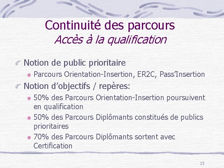 Continuité des parcours Accès à la qualification Notion de public prioritaire Parcours Orientation-Insertion, ER