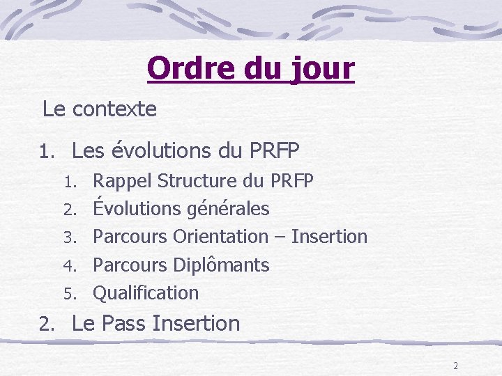 Ordre du jour Le contexte 1. Les évolutions du PRFP 1. Rappel Structure du