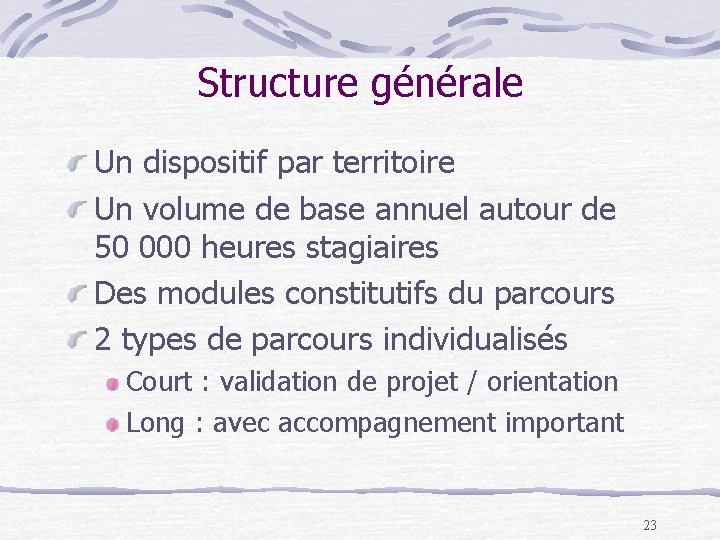 Structure générale Un dispositif par territoire Un volume de base annuel autour de 50.