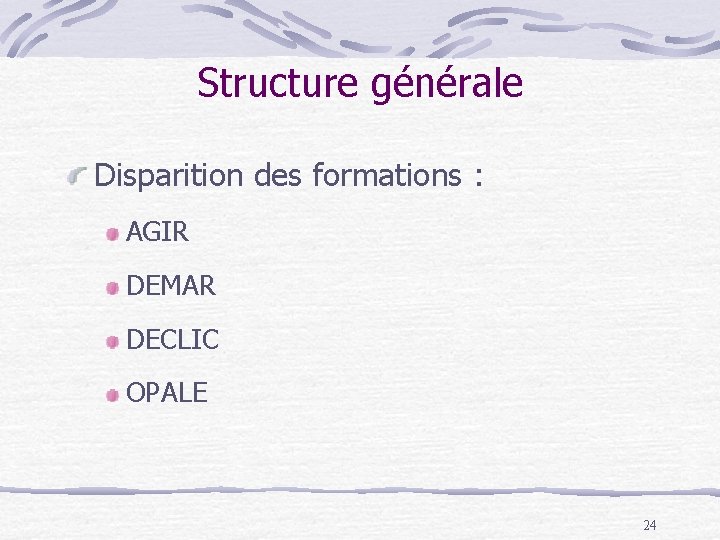 Structure générale Disparition des formations : AGIR DEMAR DECLIC OPALE 24 