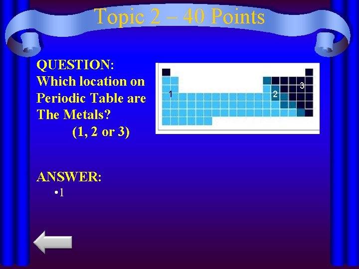 Topic 2 – 40 Points QUESTION: Which location on Periodic Table are The Metals?
