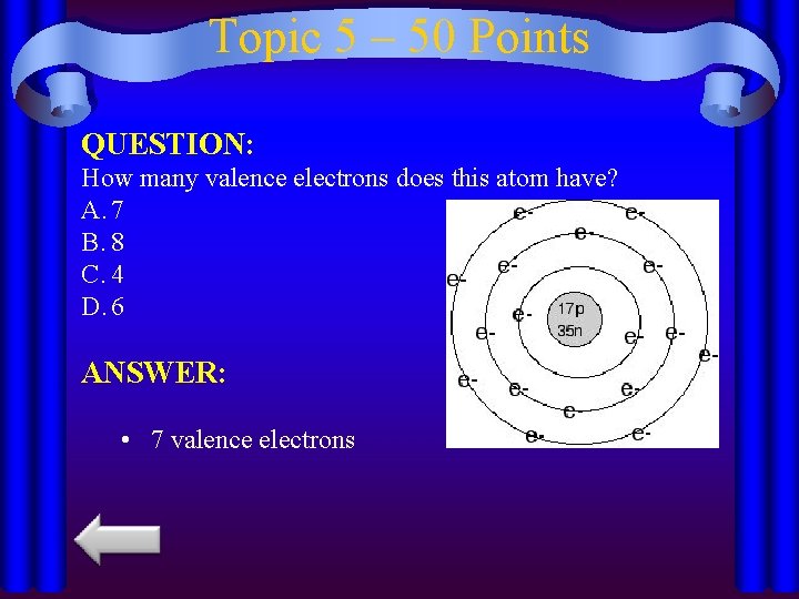 Topic 5 – 50 Points QUESTION: How many valence electrons does this atom have?