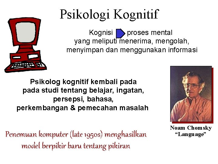 Psikologi Kognitif Kognisi proses mental yang meliputi menerima, mengolah, menyimpan dan menggunakan informasi Psikolog