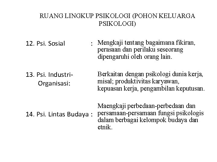 RUANG LINGKUP PSIKOLOGI (POHON KELUARGA PSIKOLOGI) 12. Psi. Sosial 13. Psi. Industri. Organisasi: :