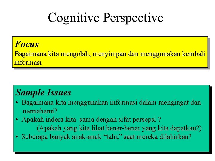 Cognitive Perspective Focus Bagaimana kita mengolah, menyimpan dan menggunakan kembali informasi Sample Issues •