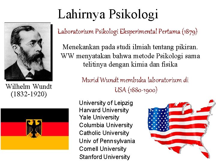 Lahirnya Psikologi Laboratorium Psikologi Eksperimental Pertama (1879) Menekankan pada studi ilmiah tentang pikiran. WW