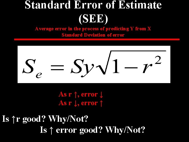 Standard Error of Estimate (SEE) Average error in the process of predicting Y from