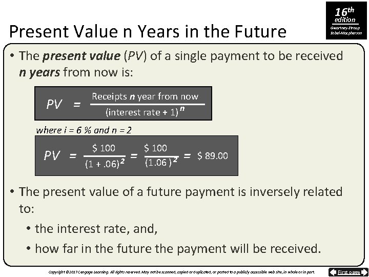 Present Value n Years in the Future 16 th edition Gwartney-Stroup Sobel-Macpherson • The