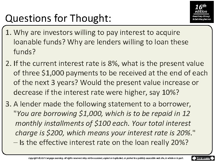 Questions for Thought: 16 th edition Gwartney-Stroup Sobel-Macpherson 1. Why are investors willing to