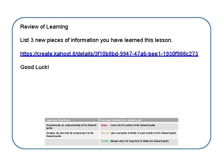 Review of Learning List 3 new pieces of information you have learned this lesson.