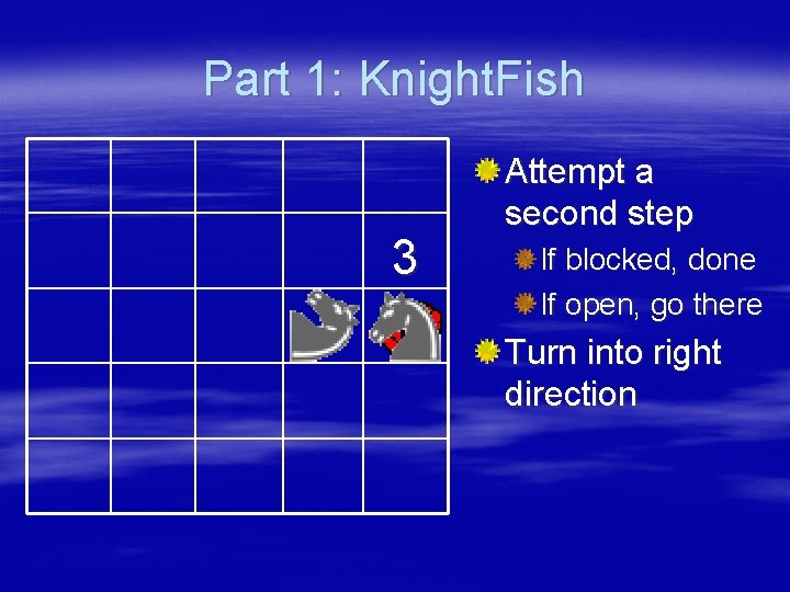 Part 1: Knight. Fish 3 Attempt a second step If blocked, done If open,