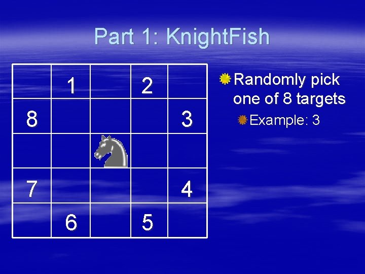 Part 1: Knight. Fish 1 2 8 3 7 4 6 5 Randomly pick