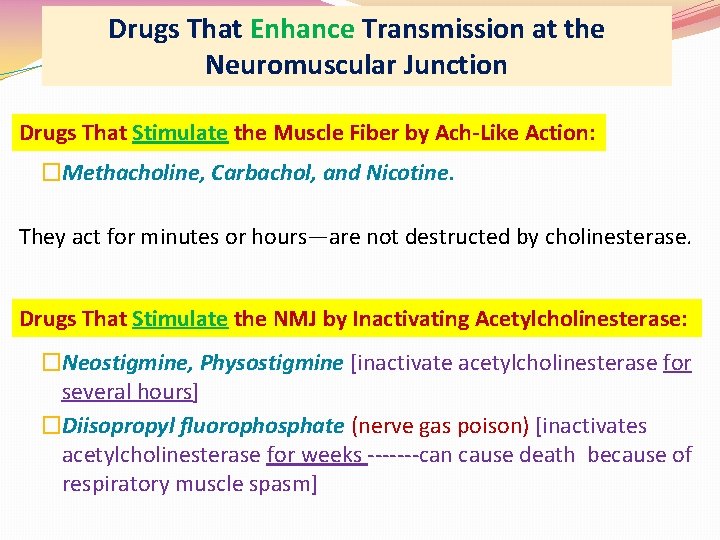 Drugs That Enhance Transmission at the Neuromuscular Junction Drugs That Stimulate the Muscle Fiber