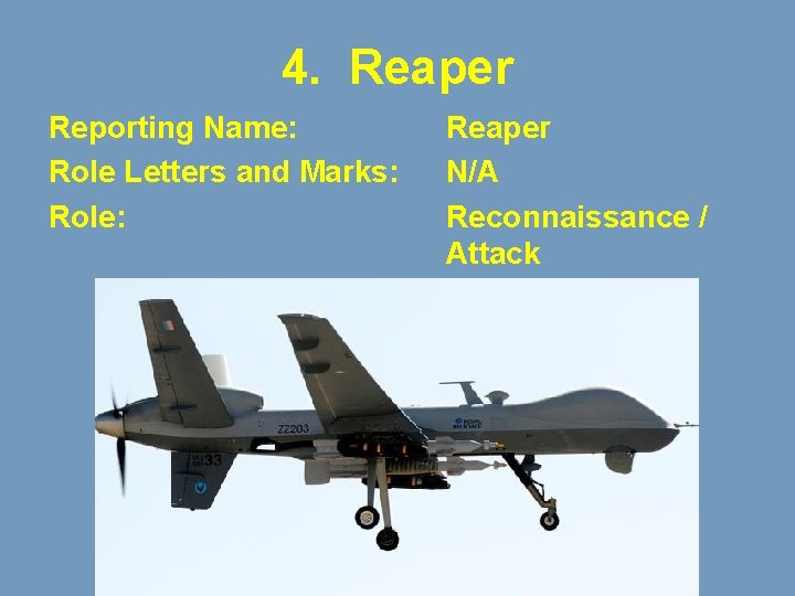 4. Reaper Reporting Name: Role Letters and Marks: Role: Reaper N/A Reconnaissance / Attack