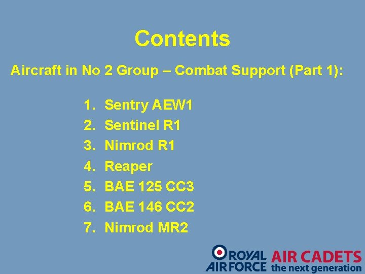 Contents Aircraft in No 2 Group – Combat Support (Part 1): 1. 2. 3.