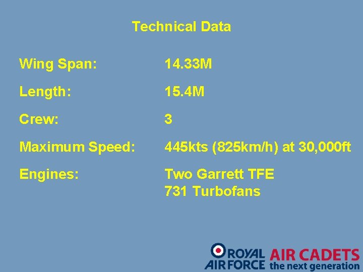 Technical Data Wing Span: 14. 33 M Length: 15. 4 M Crew: 3 Maximum