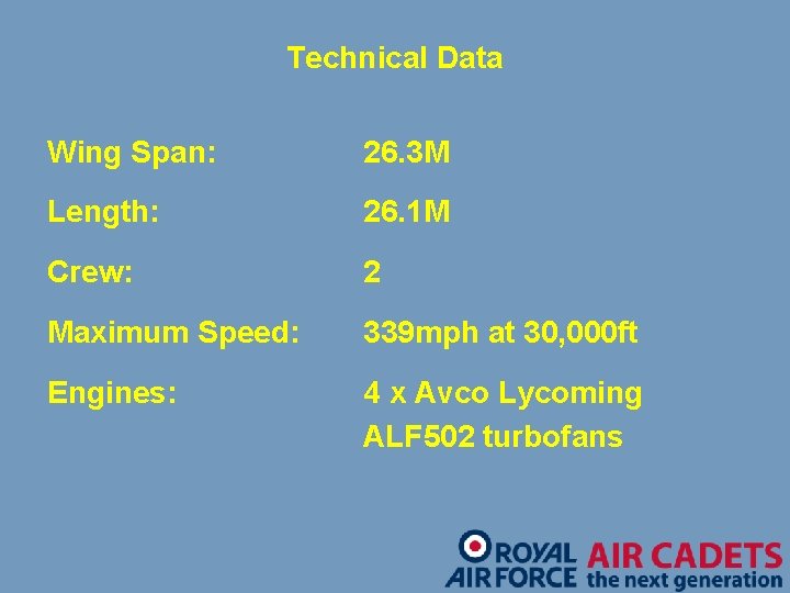 Technical Data Wing Span: 26. 3 M Length: 26. 1 M Crew: 2 Maximum