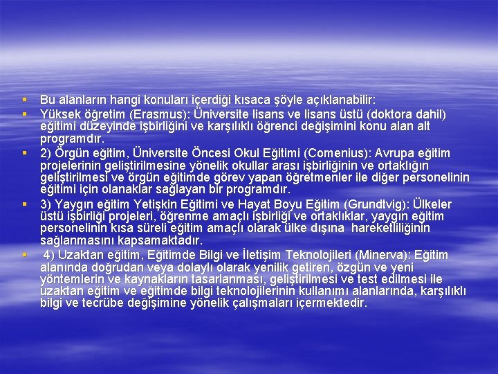 § Bu alanların hangi konuları içerdiği kısaca şöyle açıklanabilir: § Yüksek öğretim (Erasmus): Üniversite