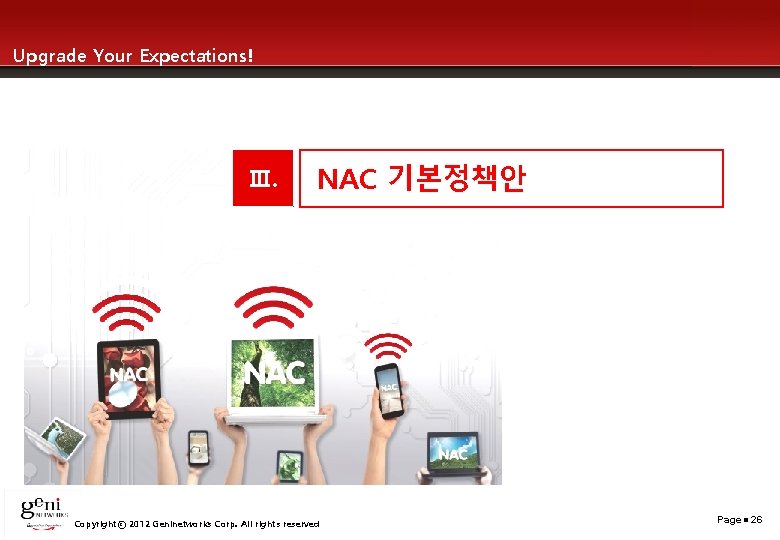 Upgrade Your Expectations! Ⅲ. NAC 기본정책안 Copyrightⓒ 2012 Geninetworks Corp. All rights reserved Page