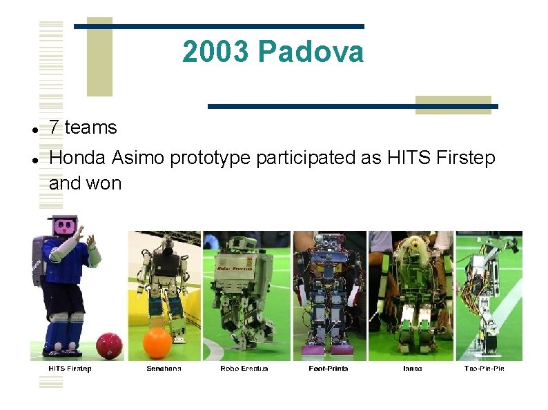 2003 Padova 7 teams Honda Asimo prototype participated as HITS Firstep and won 