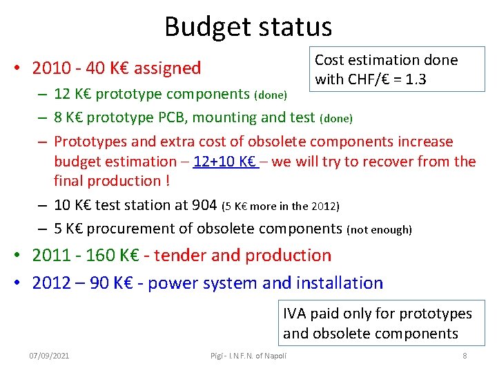 Budget status Cost estimation done with CHF/€ = 1. 3 • 2010 - 40
