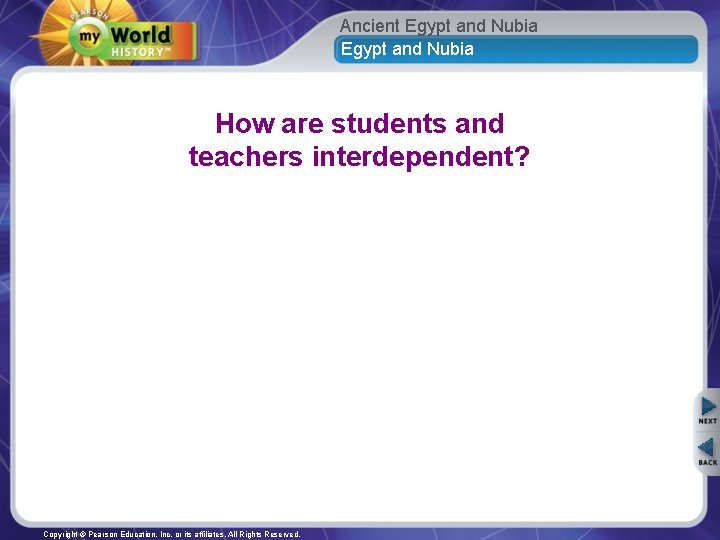 Ancient Egypt and Nubia How are students and teachers interdependent? Copyright © Pearson Education,