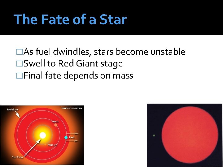 The Fate of a Star �As fuel dwindles, stars become unstable �Swell to Red