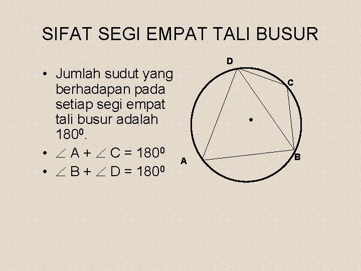 SIFAT SEGI EMPAT TALI BUSUR • Jumlah sudut yang berhadapan pada setiap segi empat