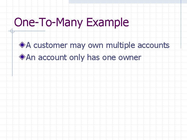 One-To-Many Example A customer may own multiple accounts An account only has one owner