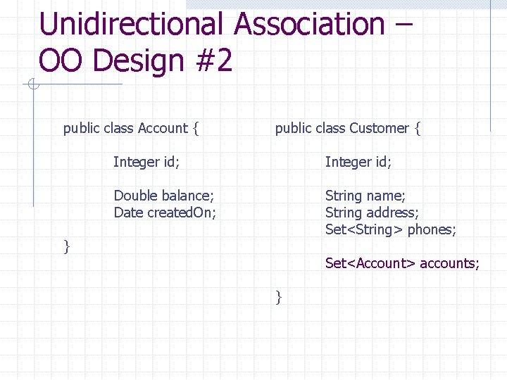 Unidirectional Association – OO Design #2 public class Account { public class Customer {
