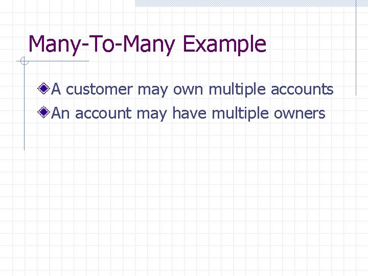 Many-To-Many Example A customer may own multiple accounts An account may have multiple owners