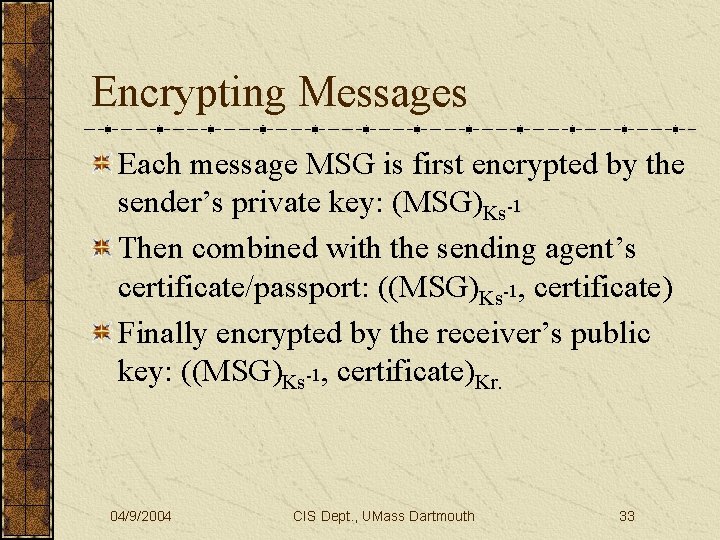Encrypting Messages Each message MSG is first encrypted by the sender’s private key: (MSG)Ks-1