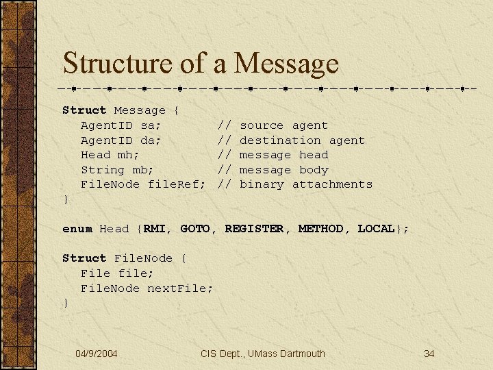 Structure of a Message Struct Message { Agent. ID sa; Agent. ID da; Head