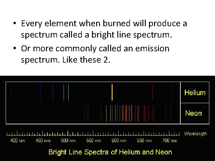  • Every element when burned will produce a spectrum called a bright line