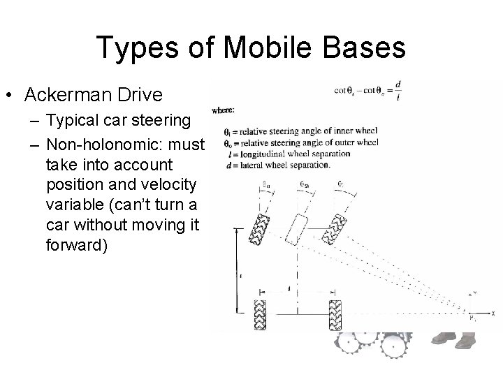 Types of Mobile Bases • Ackerman Drive – Typical car steering – Non-holonomic: must