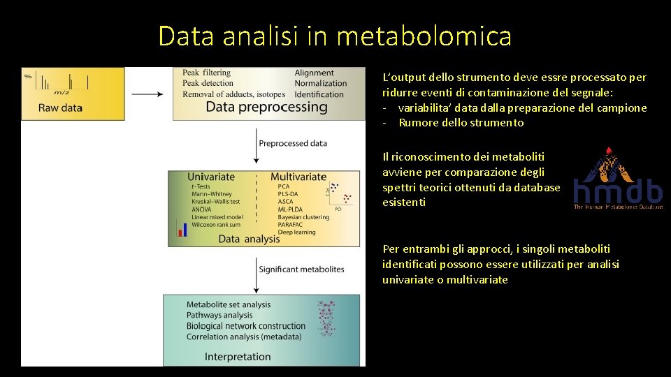 Data analisi in metabolomica L’output dello strumento deve essre processato per ridurre eventi di