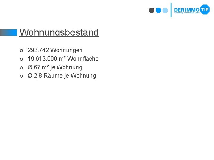 Wohnungsbestand ¢ ¢ 292. 742 Wohnungen 19. 613. 000 m² Wohnfläche Ø 67 m²