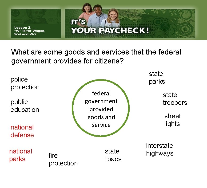 What are some goods and services that the federal government provides for citizens? state