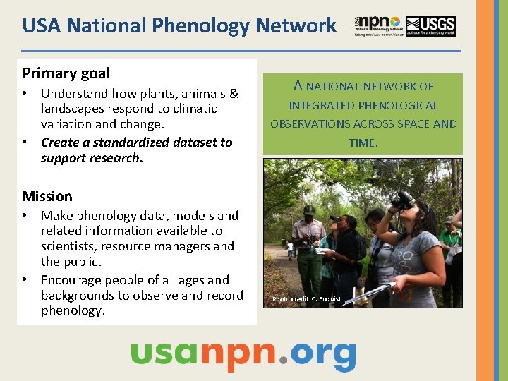 USA National Phenology Network Primary goal • Understand how plants, animals & landscapes respond