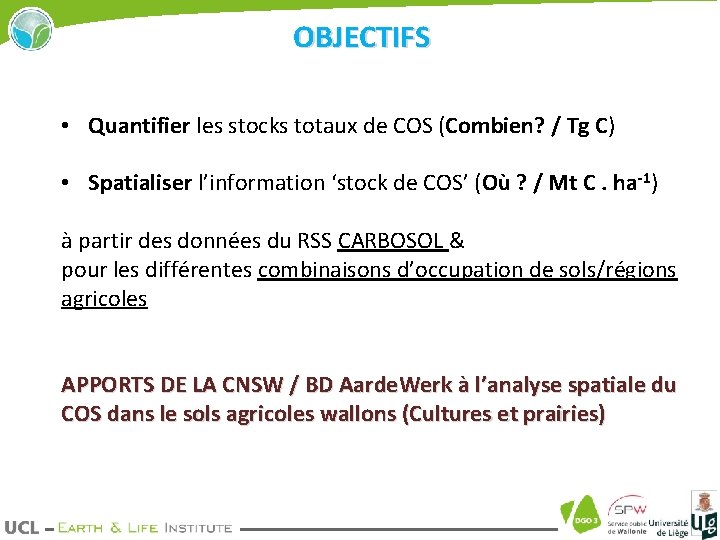 OBJECTIFS • Quantifier les stocks totaux de COS (Combien? / Tg C) • Spatialiser
