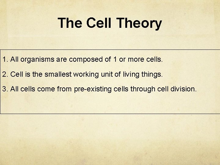 The Cell Theory 1. All organisms are composed of 1 or more cells. 2.