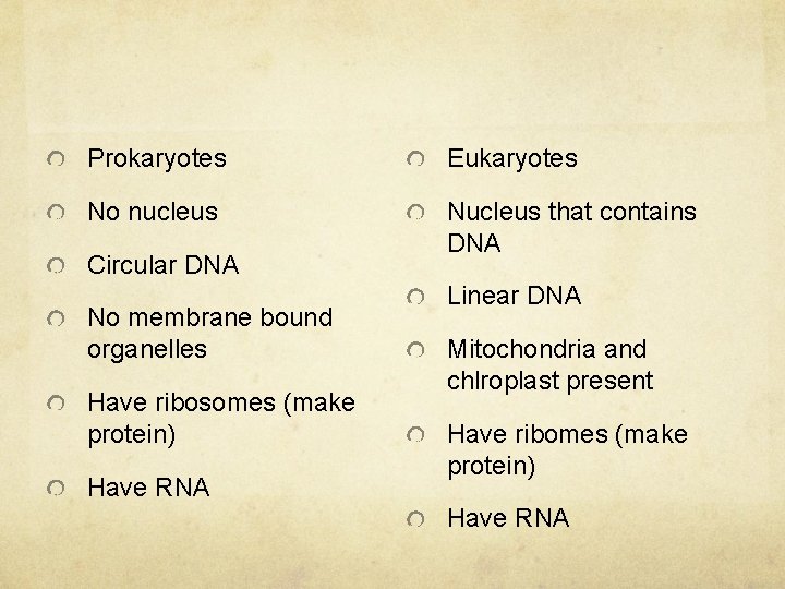 Prokaryotes Eukaryotes No nucleus Nucleus that contains DNA Circular DNA No membrane bound organelles