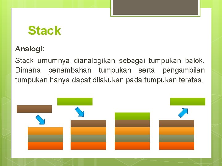 Stack Analogi: Stack umumnya dianalogikan sebagai tumpukan balok. Dimana penambahan tumpukan serta pengambilan tumpukan