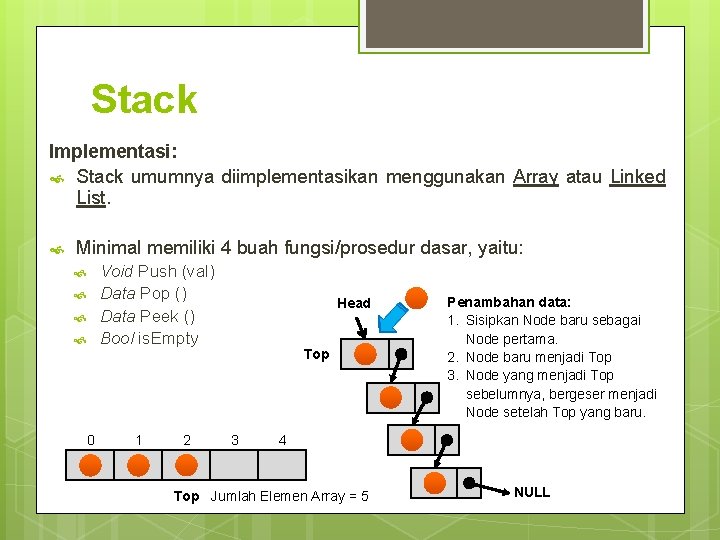 Stack Implementasi: Stack umumnya diimplementasikan menggunakan Array atau Linked List. Minimal memiliki 4 buah