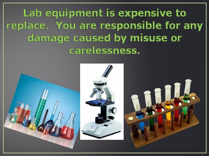 Lab equipment is expensive to replace. You are responsible for any damage caused by