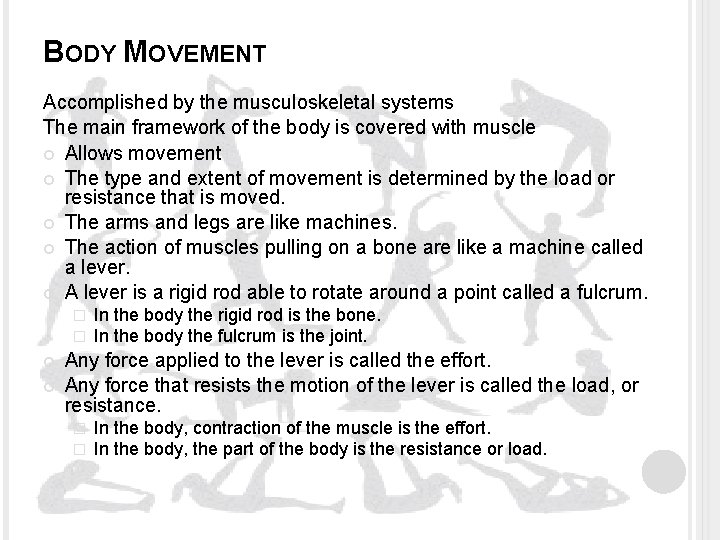 BODY MOVEMENT Accomplished by the musculoskeletal systems The main framework of the body is